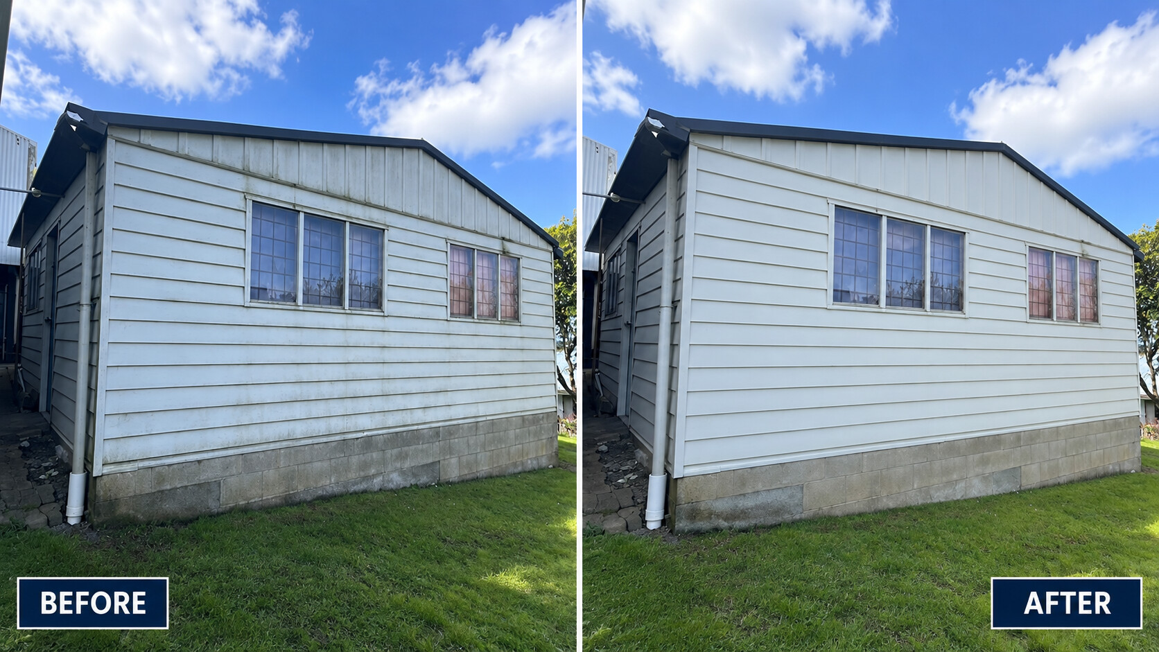 Before and after exterior wall cleaning result